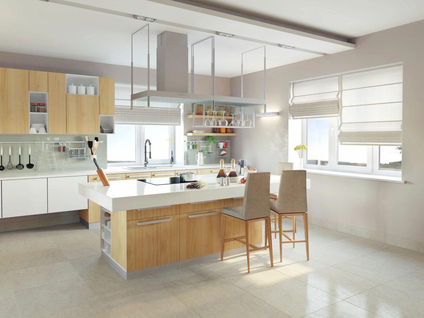 Bright modern kitchen with wooden cabinetry and white countertops.